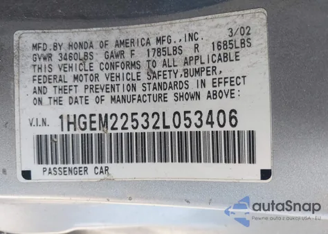 2002 Honda Civic Lx z USA, uszkodzony, nr VIN 1HGEM22532L053406